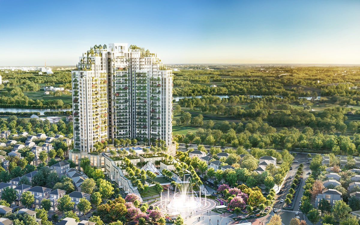 Central Park Residences gây ấn tượng với thiết kế hình cánh buồm và diện tích vườn xanh đến 20.000 m2.
