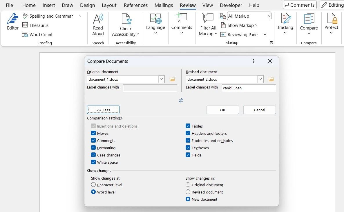 Hộp thoại So sánh Tài liệu trong tài liệu Microsoft MS Word