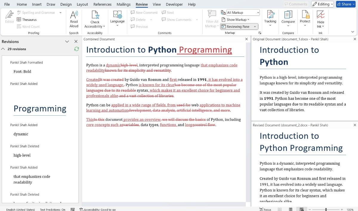 Hai tài liệu về Python được so sánh trong Microsoft Word