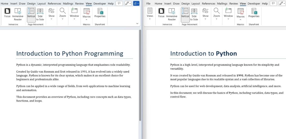 Hai tài liệu MS Word về Python được xem cạnh nhau