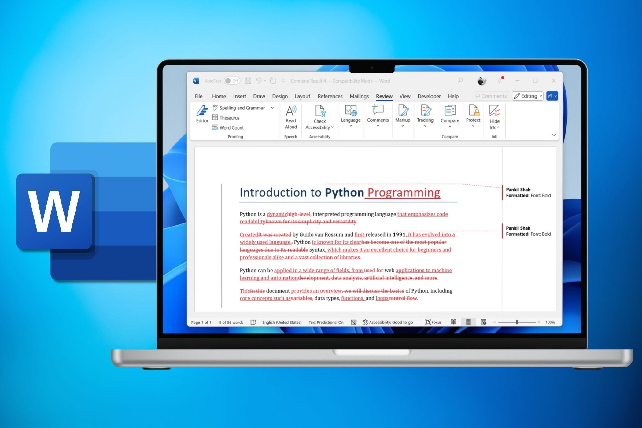 Bản mẫu máy tính xách tay hiển thị một tài liệu có logo Microsoft Word và nền màu xanh lam chuyển sắc