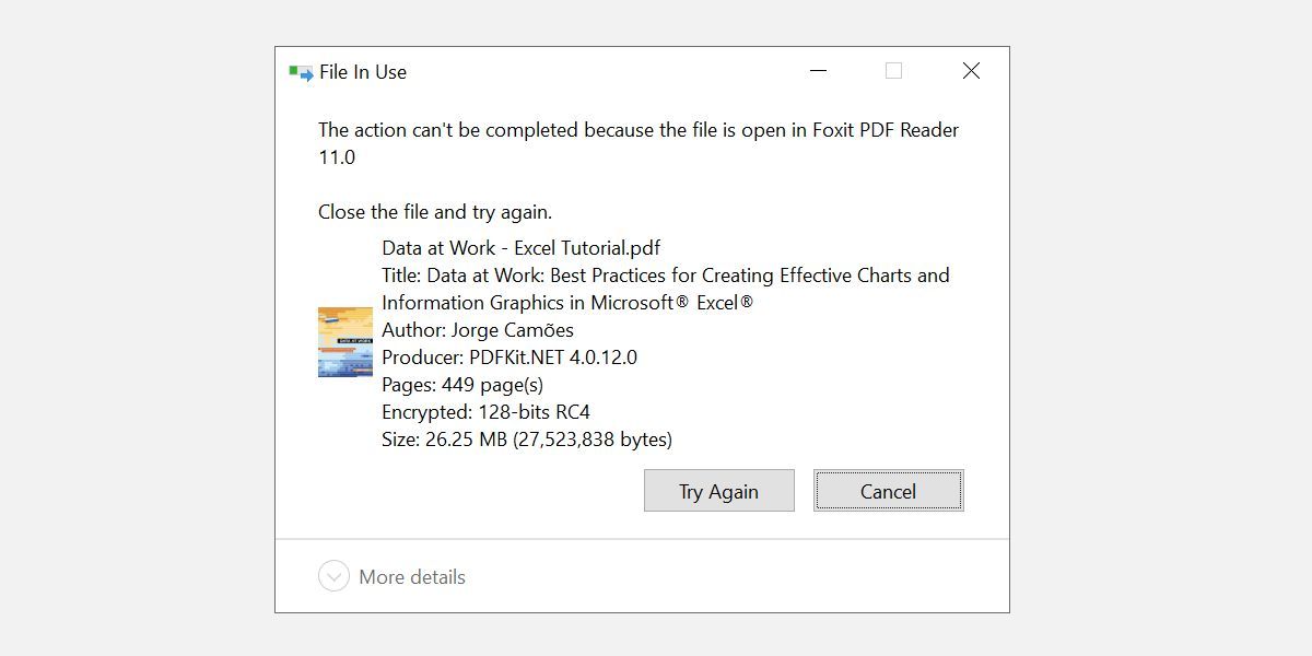 Thông báo Tệp đang sử dụng của Windows 10 khi cố gắng xóa tệp PDF đang mở.