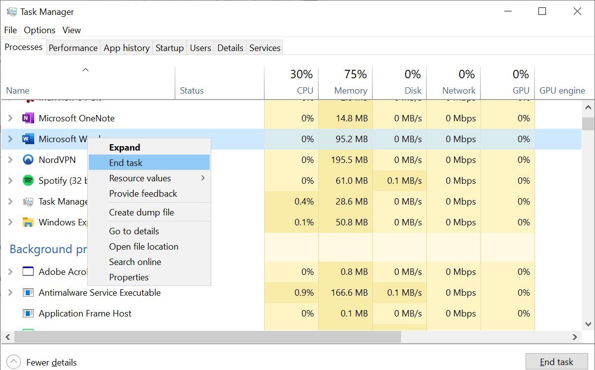 Kết thúc tác vụ trong Trình quản lý tác vụ Windows 10.