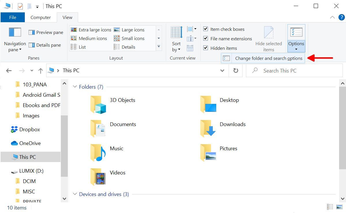 Thay đổi tùy chọn thư mục và tìm kiếm trong Windows File Explorer.
