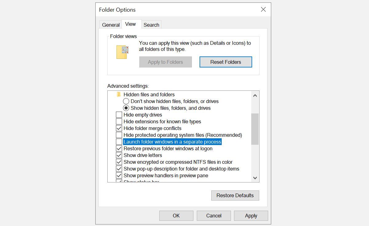 Ảnh chụp màn hình này hiển thị menu Tùy chọn thư mục của Windows