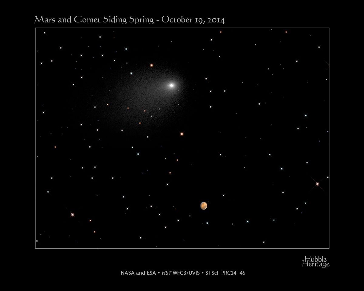 Bức ảnh tổng hợp của Kính viễn vọng Không gian Hubble này chụp lại vị trí của Sao chổi Siding Spring và Sao Hỏa trong một lần sao chổi đi qua gần chưa từng thấy trước đây của Hành tinh Đỏ, xảy ra lúc 2:28 chiều theo giờ miền Đông Hoa Kỳ ngày 19 tháng 10 năm 2014. Vào ngày đó, sao chổi đi qua Sao Hỏa ở khoảng cách xấp xỉ 87.000 dặm (khoảng một phần ba khoảng cách giữa Trái Đất và Mặt Trăng). Vào thời điểm đó, sao chổi và Sao Hỏa cách Trái Đất khoảng 149 triệu dặm.