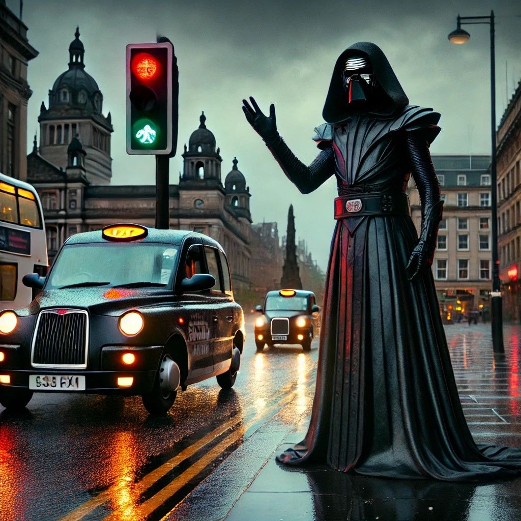 Một hình bóng cao lớn, bí ẩn giống Chúa tể Sith đang đứng ở Quảng trường George, Glasgow